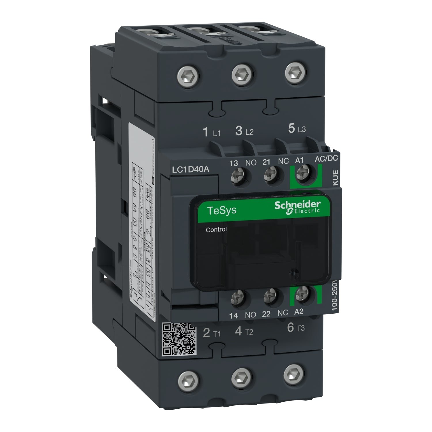 LC1D40AKUE_Schneider Contactor Tripolar TeSys D Green - 15HP(220V)/30HP(440V) - 40A(AC3) - 1NA+1NC - Bobina 100-250VAC/DC - LC1D40AKUE - SCHNEIDER - Imagen 1