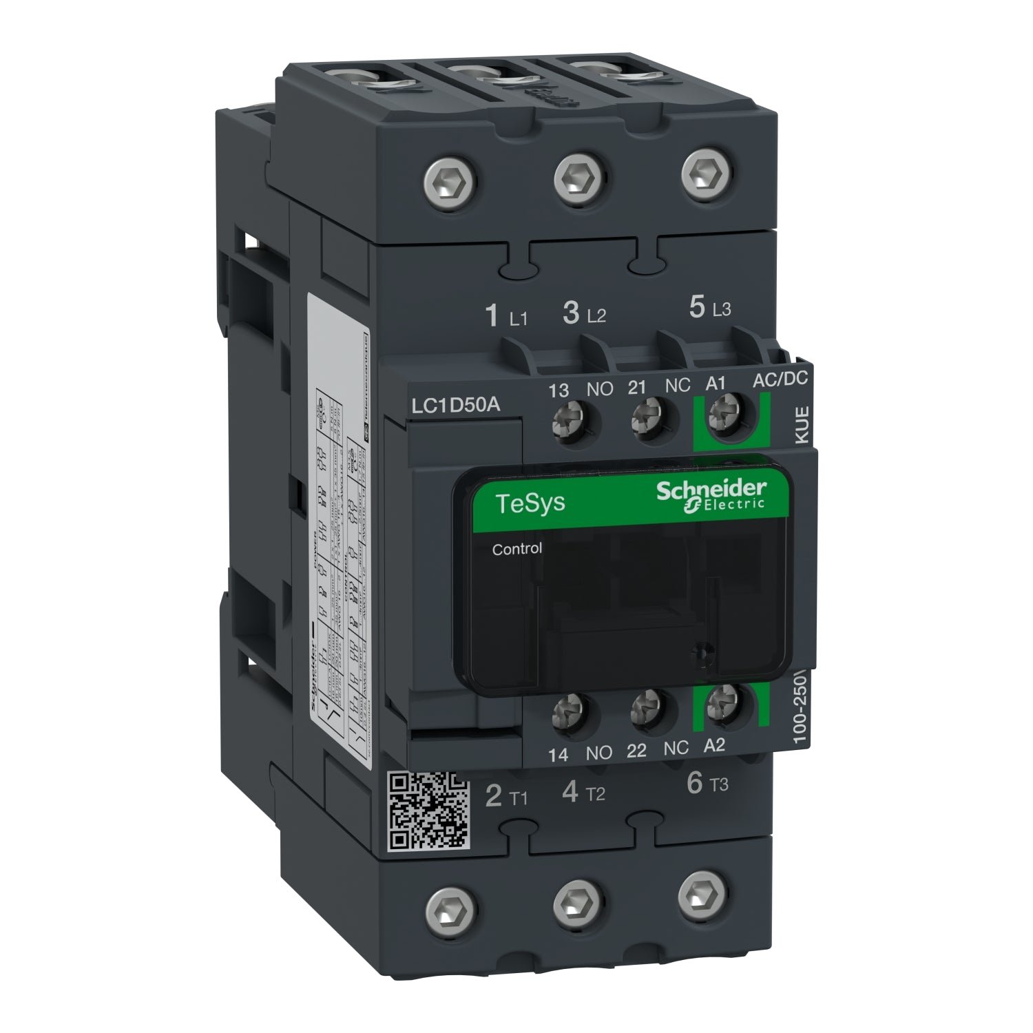 LC1D50AKUE_Schneider Contactor Tripolar TeSys D Green - 20HP(220V)/40HP(440V) - 50A(AC3) - 1NA+1NC - Bobina 100-250VAC/DC - LC1D50AKUE - SCHNEIDER - Imagen 1